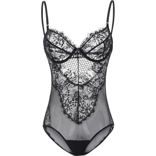 Women Lingerie Lace Bodysuit Hollowout porno erotic lingerie Femme eyelash lace decoration Underwired bottom closure