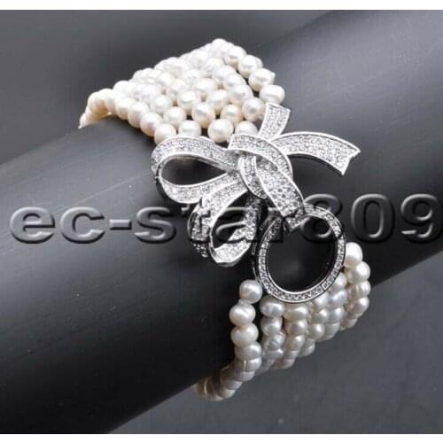 Free Shipping 6Row 8" 6mm White Round Pearl Bracelet Inlay Crystal Bowknot