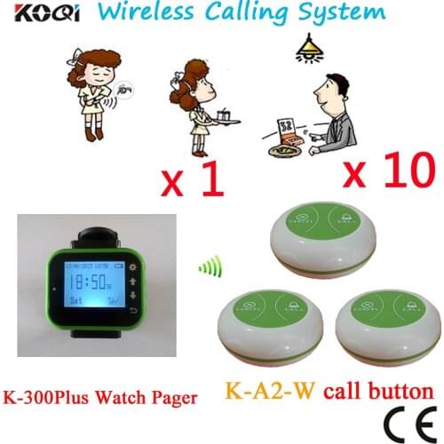 Wireless Buzzer Bell System Newest Calling Button Waterproof Set Including Watch Pager Receiver 433.92MHZ(1 watch+10 button)
