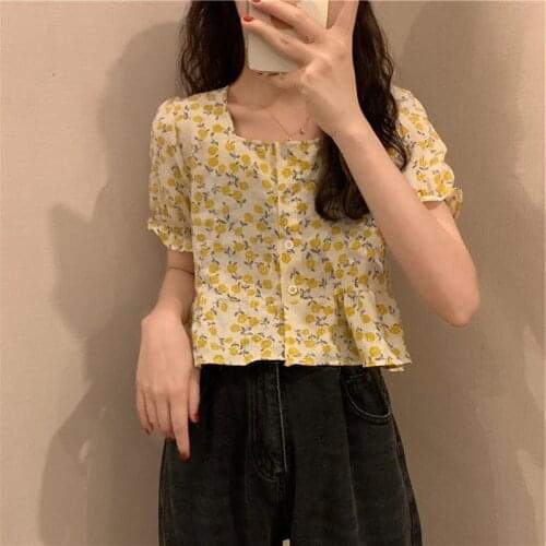 Blouse Vintage Design Floral Short Sleeve Summer French Stlye Square Neck Bubble Sleeve Peplum Top Ropa Mujer Wz