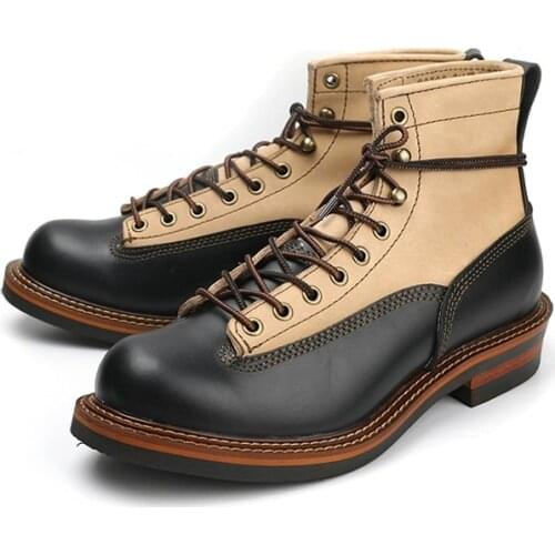 New Autumn Winter Vintage Tooling Men Shoes Cow Leather Handmade Ankle Boots Round Toe Mixed Colors White Motorcycle Boots Black