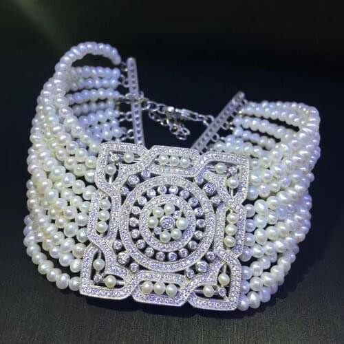 Natural fresh water pearl bracelet multi layers 925 sterling silver with cubic zircon square fine women jewelry free shipping