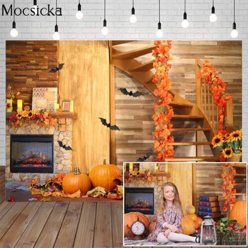 Autumn Thanksgiving Day Photography Backdrop Newborn Children Fall Portrait Background Fireplace Sunflowers Pumpkin Maples Decor