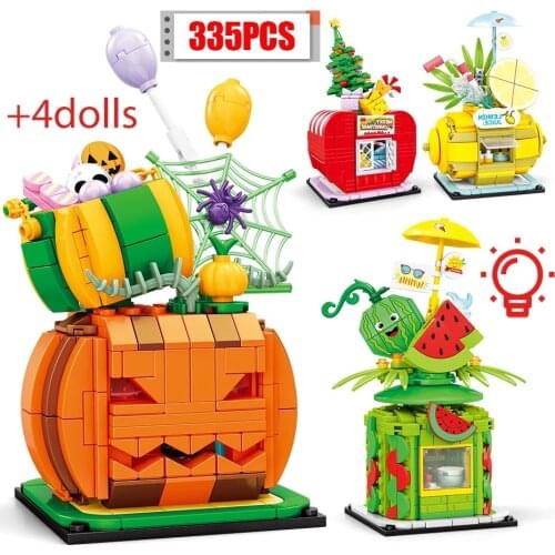 Fruit House Lighted Stree View Halloween Pumpkin Lemon Apple Christmas Tree Holiday Building Blocks Kid Boy Girls Toys For Child
