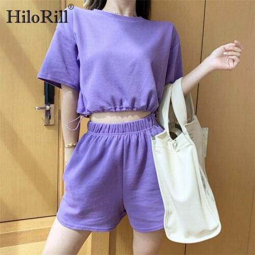 HiloRill Women Solid Sports Two Piece Set 2021 Batwing Sleeve Loose Crop Tops Tracksuits Elastic Waist Home Casual Shorts Suit