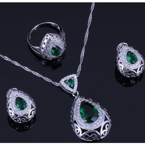 Water Drop Green Cubic Zirconia White CZ Silver Plated Jewelry Sets Earrings Pendant Chain Ring V0314