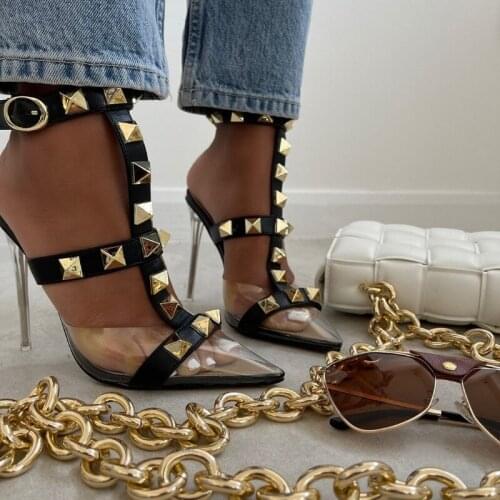 Meriahzheng Summer Fashion Shoes Sexy Transparent Rivet Womens Sandals Pointed Toe Stiletto T-shaped Strap Hollow Sandals CWF