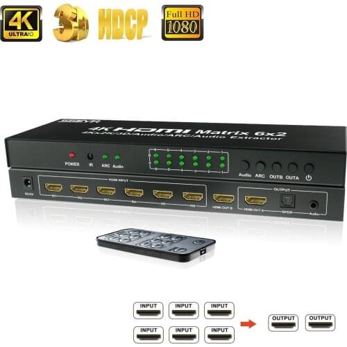4Kx2K HDMI True Matrix Switch 6x2, 6 in 2 out HDMI 1.4 Splitter Matriz Switcher with Remote Control SPDIF +3.5mm audio Extractor
