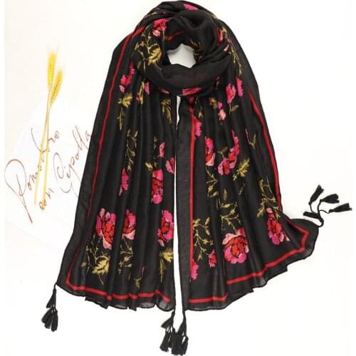 Fashion Head Scarf 2020 New Women Girls Spring Autumn Designer Long Black Penoy Floral Soft Print Scarf Tassels Wrap Shawl Stole