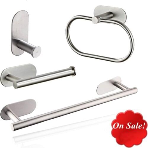 Stainless Steel Silver Bathroom Hardware Set Towel Rack Toilet Paper Holder Towel Bar Hook Bathroom Accessories Don't Drilling