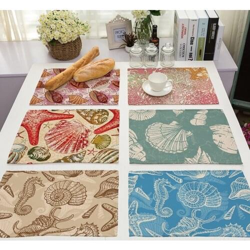Marine Life 4 pieces Set Kitchen Table Mats Cotton Linen Table Napkin Marine Seahorse Pattern Decorative Placemats