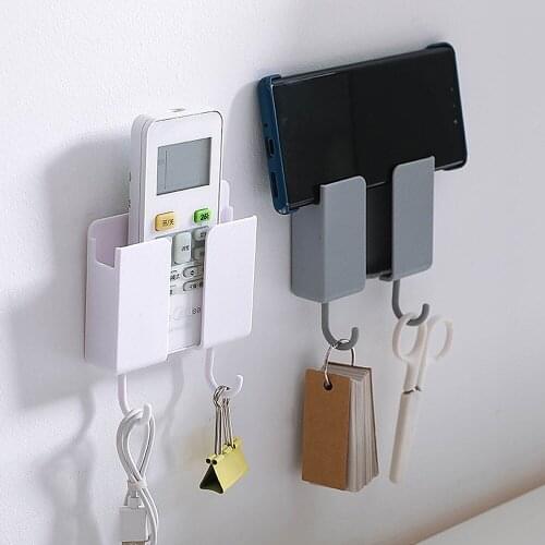 Wall Mounted Storage Box Remote Control Holder Mobile Phone Storage Organizer Home Plastic Storage Container Rack With 2 Hooks