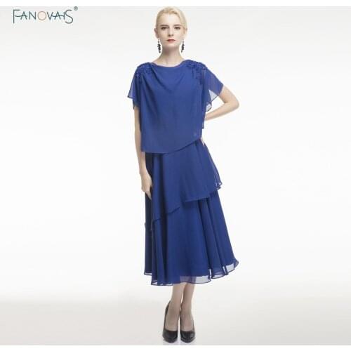 Cheap Royal Blue Evening Dresses Tea Length Chiffon Ruflles Women Party Dresses Plus Size Mother Dress Beaded Applique FMD4
