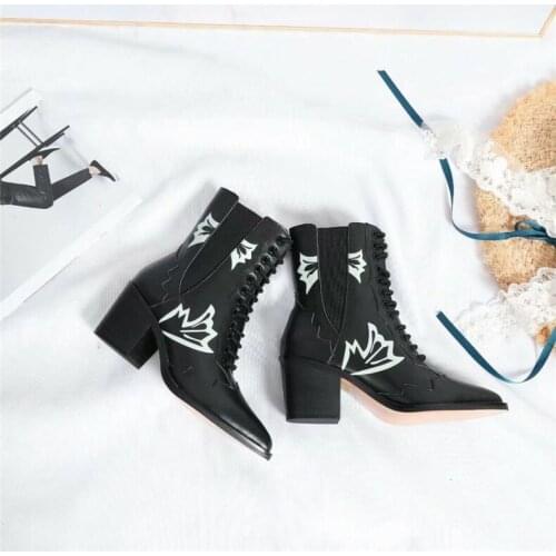 Sestito New Arrivals Women Fashion Print Square High Heels Ankle Boots Lady Round Toe Patchwork Short Boots Girls Lace-up Shoes