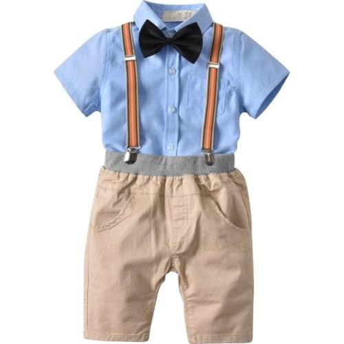 BINIDUCKLING Formal Summer Baby Boy Kids Clothes Bow Sling Short Sleeves T-Shirt+Shorts Cotton Cloth Suit Set Children Clothing