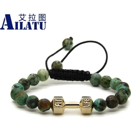 Ailatu Wholesale 8mm Natural Stone Beads with Barbell Fitness Dumbbell Macrame Bracelet for Men