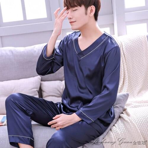 Pajamas Mens Spring Autumn Nightwear Long-sleeved Trousers Ice Silk Young Males Silk Sleepwear Casual Home Suit Set H5534