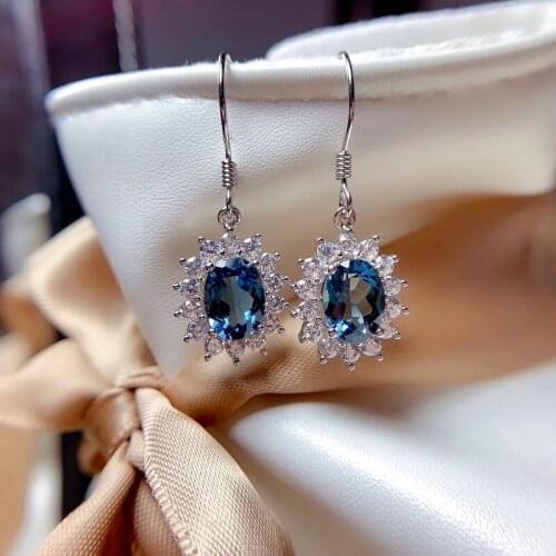 Delicate 1.60Ct Natural London Topaz Drop Earrings for Women Party S925 Silver Gemstones 6*8mm High Quality November Birthstone