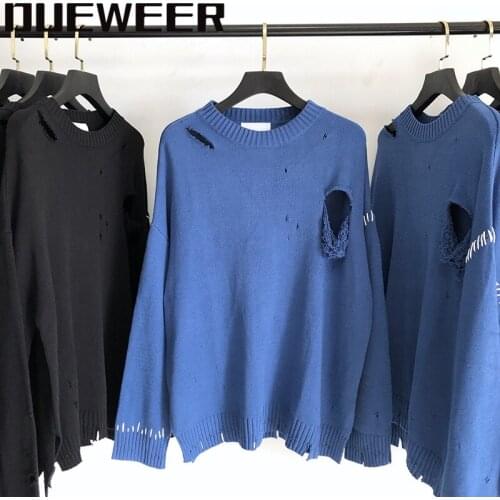 Dueweer Men Women Knit Sweaters High Street Oversized Harajuku Fashion Pullover Distressed Hole Hip Hop Long Sleeve Sweater
