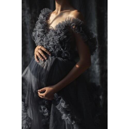 Dark Grey Prom Dresses Tiered Ruffled Evening Gowns for Photoshoot Boudoir Lingerie Tulle Bathrobe Nightwear Babydoll Robe