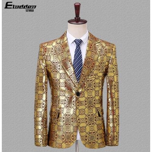 Jacquard gold and silver blazer men groom suit fashion mens wedding suits costume singer stage clothing formal dress 980