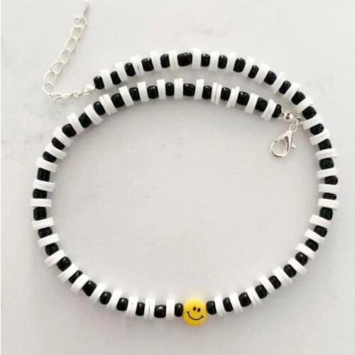 Handmade Yellow Smiley Face Bead Pendant Short Necklace Black Rice Beads White Stone Pieces Mix And Match For Man Women classic