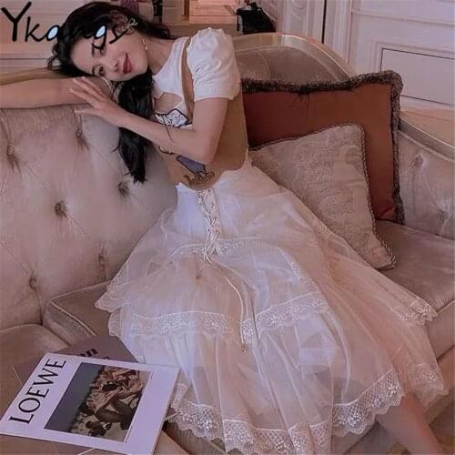 French Irregular High Waist A-Line Mesh Pleated Skirt Lace Stitching Straps Tulle Skirt Women Hollow Out Long Skirt Streetwear
