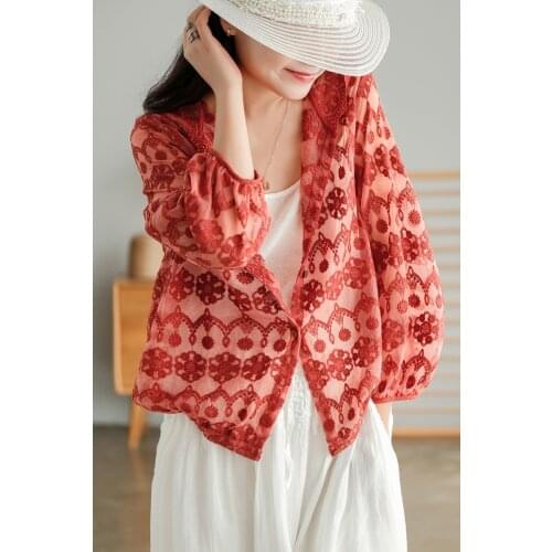 New Shirts Women Summer Loose Mori Girl Style Lace Hooded Single-Breasted Embroidery Full Sleeve Female Cotton Cool Tops Fashion