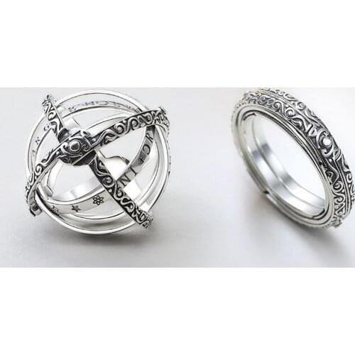 925 Sterling Silver Rings For Women Men Pendant Girls Trendy Glamour Fashion Pop Retro Astronomical Ball Rotation