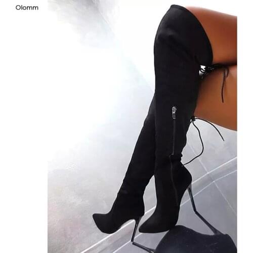 Olomm New Women Over The Knee Boots Sexy Stiletto High Heels Boots Pointed Toe Charm Black Party Shoes Women Plus US Size 5-15