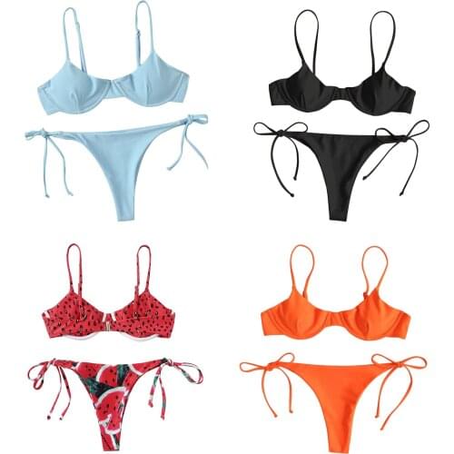 Women Summer Split Swimsuit Set Ladies Solid V-neck Bikini+Lace Up Panties Biquíni Outfits Bikini Sets Suits