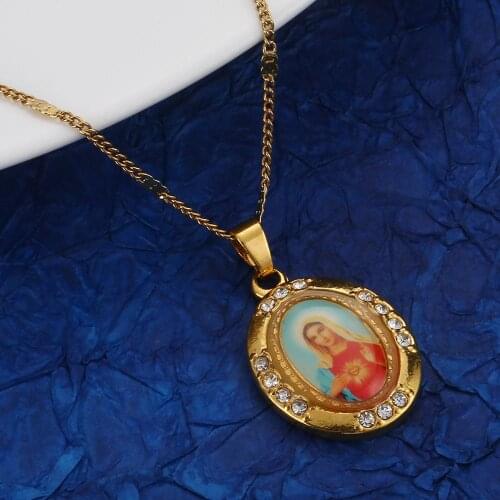 Gold Color Virgin Mary Pendant Necklace for Women Trendy Round Chain Jewelry