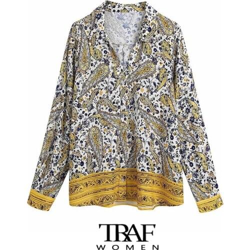 TRAF Za Women Fashion Paisley Print Loose Blouses Vintage Long Sleeve Button-up Female Shirts Chic Tops