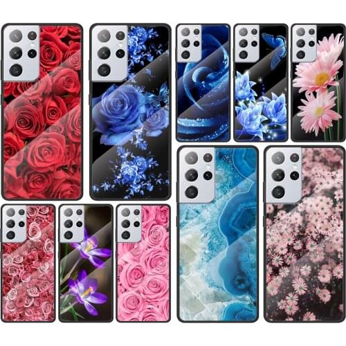 Large swath of pink flowers for Samsung Galaxy S21 Ultra Plus A72 A52 4G 5G M51 M31 M21 Luxury Tempered Glass Phone Case Cover