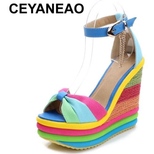 CEYANEAOsandals platform sandals wedge sandals summer Bohemian Color block high heels with ankle strap sandal woman braided