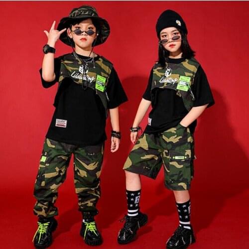 Kids Hip Hop Clothing Camouflage Sleeveless Tops Streetwear Tactical Cargo Shorts Pants For Girls Boys Dance Costume Clothes