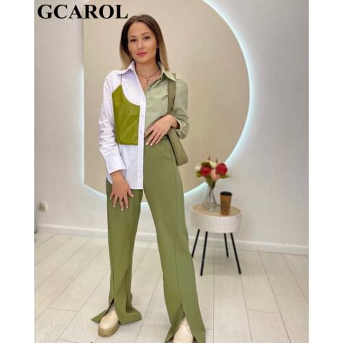 GCAROL Women PU Green Spliced Cotton Blouse Asymmetric Loose Fake Two Pieces Shirt Euro Style Character Top in Summer Spring
