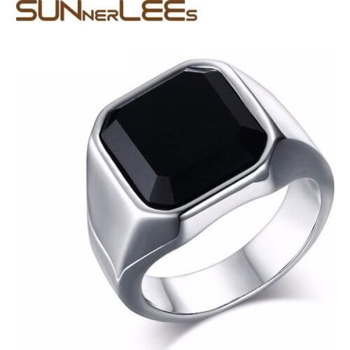 SUNNERLEES Titanium Stainless Steel Rings Square Black Stone High Polished Silver Color Gold Plated Ring Men Jewelry Gift RC-207