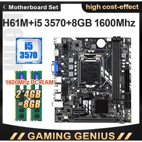 H61M LGA 1155 Motherboard Set with i5-3570 CPU and DDR3 2*4GB=8GB PC RAM 1600MHZ Support PCIE 8X USB 2.0
