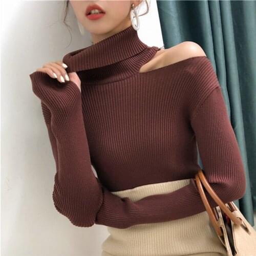 Trendy Fad Women Pullover Sweater Knitted Autumn Winter Turtleneck Sexy Hollow Out Off Shoulder Casual Female Jumpers SW755