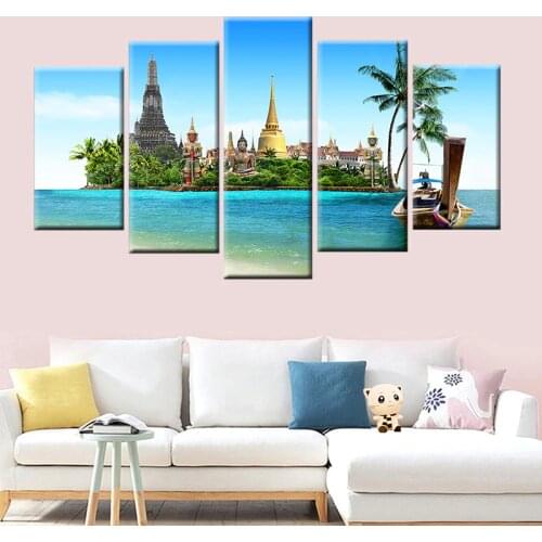 Wall Art Canvas Painting 5 Pieces Tropical Island Picture Thailand Pattaya Buddha Statue Modular HD Printed Home Decoration