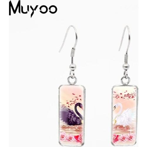 New Arrival Painting Beauty Swans Couples Rectangle Glass Cabochon Dangles Handmade Fish Hook Earrings