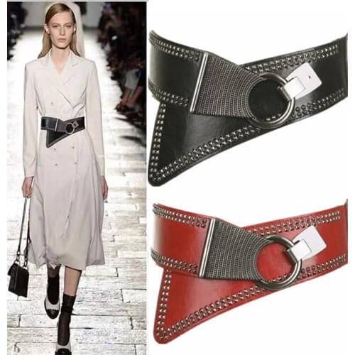 Fashion Women Oblique Wide Girdle Punk Rivet Retro High Quality PU Belt Elastic Female Decorative Dress Overcoat Waistband