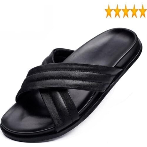 Casual On Beach Designer Slip Flat Shoes Genuine Leather Black Men Sandals Summer Open Toe Famous Brand Slippers Slides Oversize