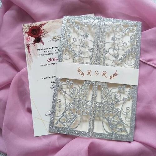 50X Silver Eiffel-Tower Wedding Invitation Cards With Belly Belt Personalized Glittery Laser Cut Quinceanera Birthday Invites