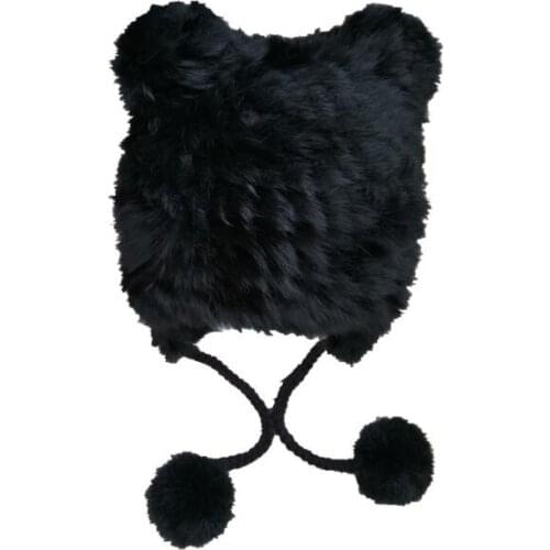 Womens natural rabbit fur knitted Hats girls winter thicken warm fashion lovely bear ear rabbit fur Skullies & Beanies TB375