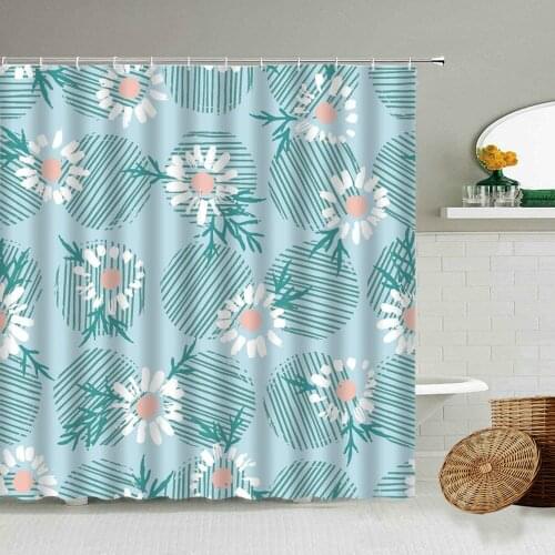 White Chrysanthemum Flower Pattern Printing Shower Curtain Blue Background Summer Home Bathroom Decoration Waterproof Curtains