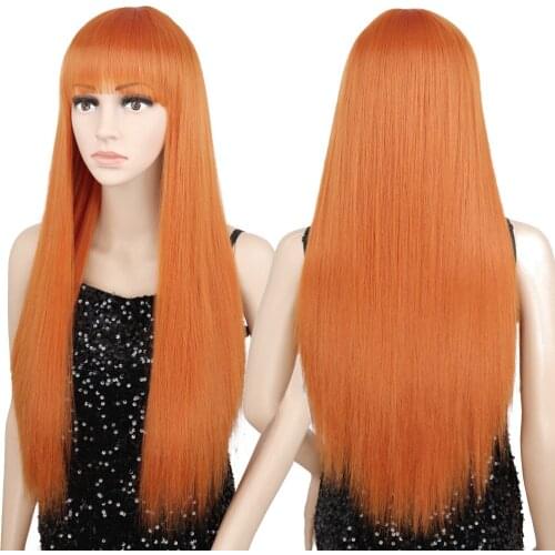 AZQUEEN Long Straight Synthetic Wig With Bangs Hair Wigs for Women Blonde Red Heat Resistant Cosplay Wigs Pure Color Wig