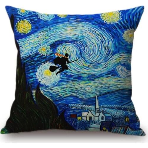 Van Gogh Starry Night Oil Painting Funny Art Castle Witch Home Decor Pillow Cover Tardis Peter Pan Creative Linen Cushion Cover