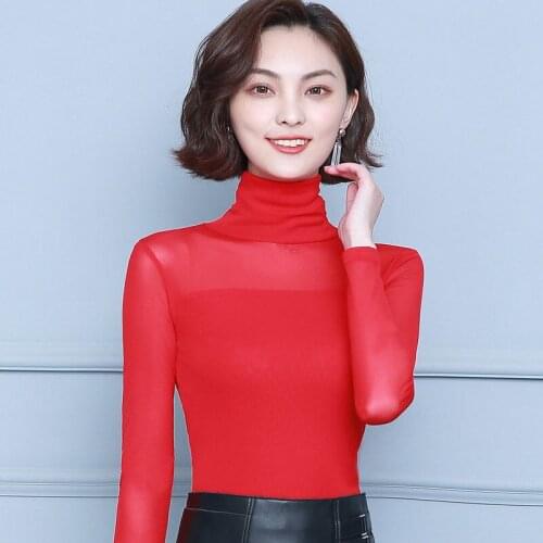 Spring Autumn Sexy Women T Shirt See Through Transparent Mesh Tops Long Sleeve Sheer Slim Ladies Turtleneck T-Shirt Y772